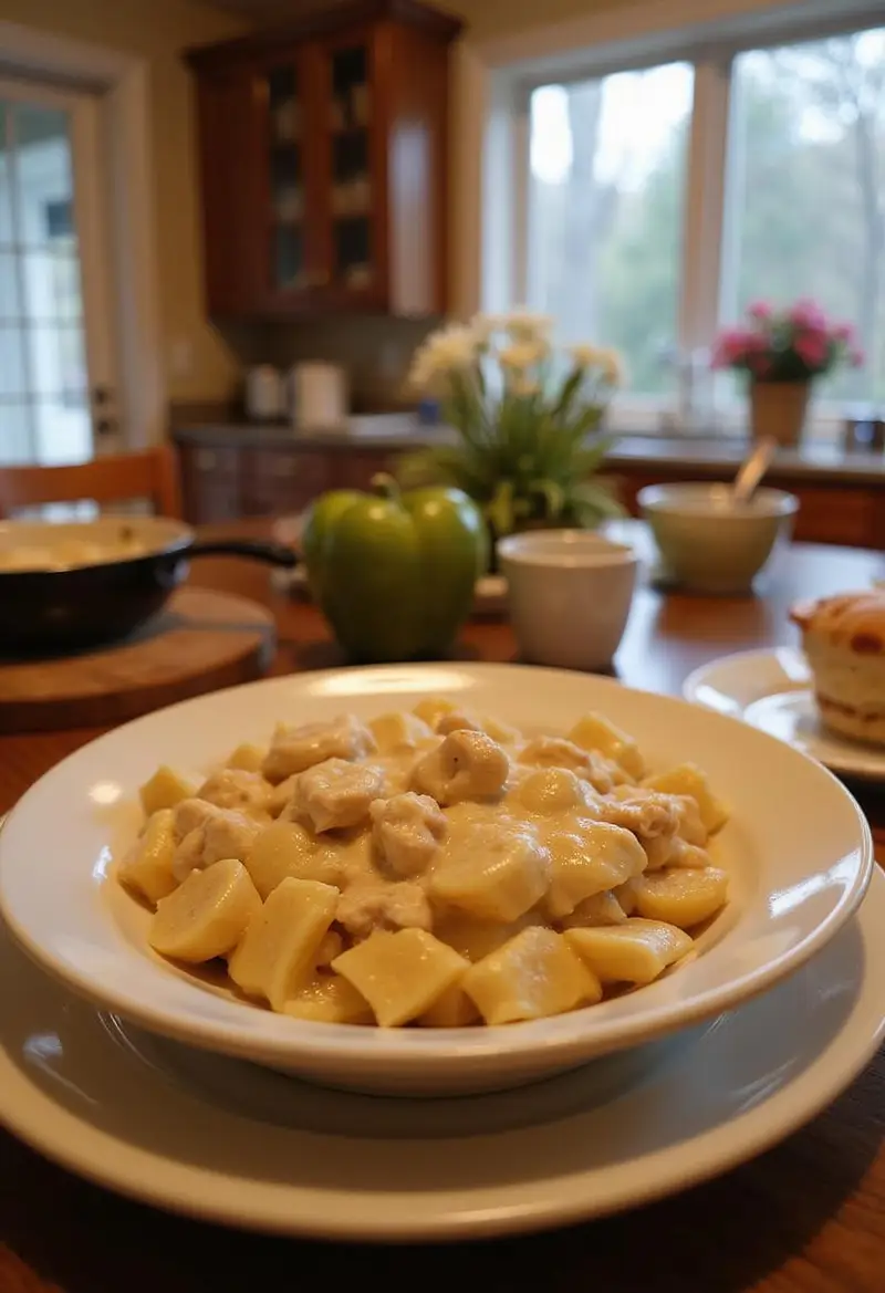 Creamy chicken pot pie pasta beautifully plated on a ceramic dish on a dining table in a cozy home kitchen, with a warm background highlighting a home-cooked meal environment.