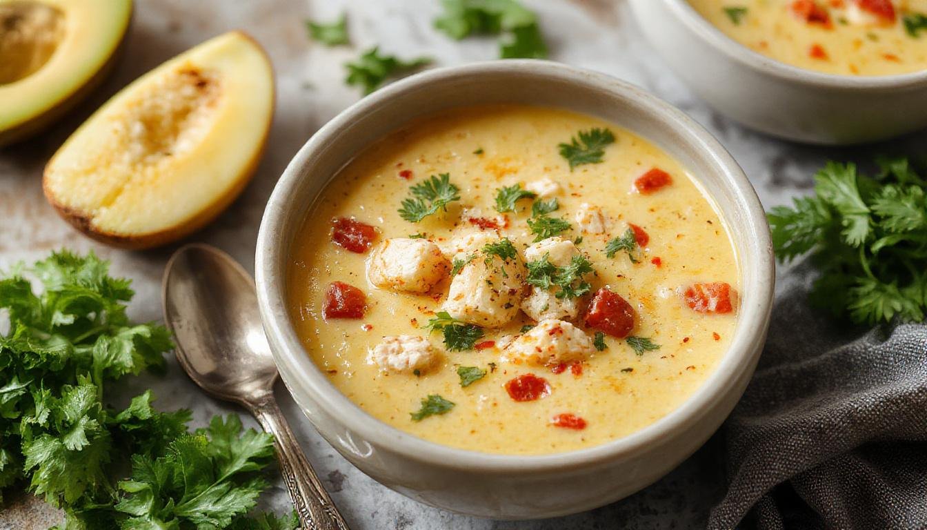 A vibrant bowl of creamy chicken tortilla soup topped with melted cheese, chopped cilantro, and crispy tortilla strips. The soup has a rich, golden hue with visible pieces of shredded chicken and diced tomatoes, presented in a rustic white bowl on a wooden surface with fresh lime wedges and a spoon nearby.
