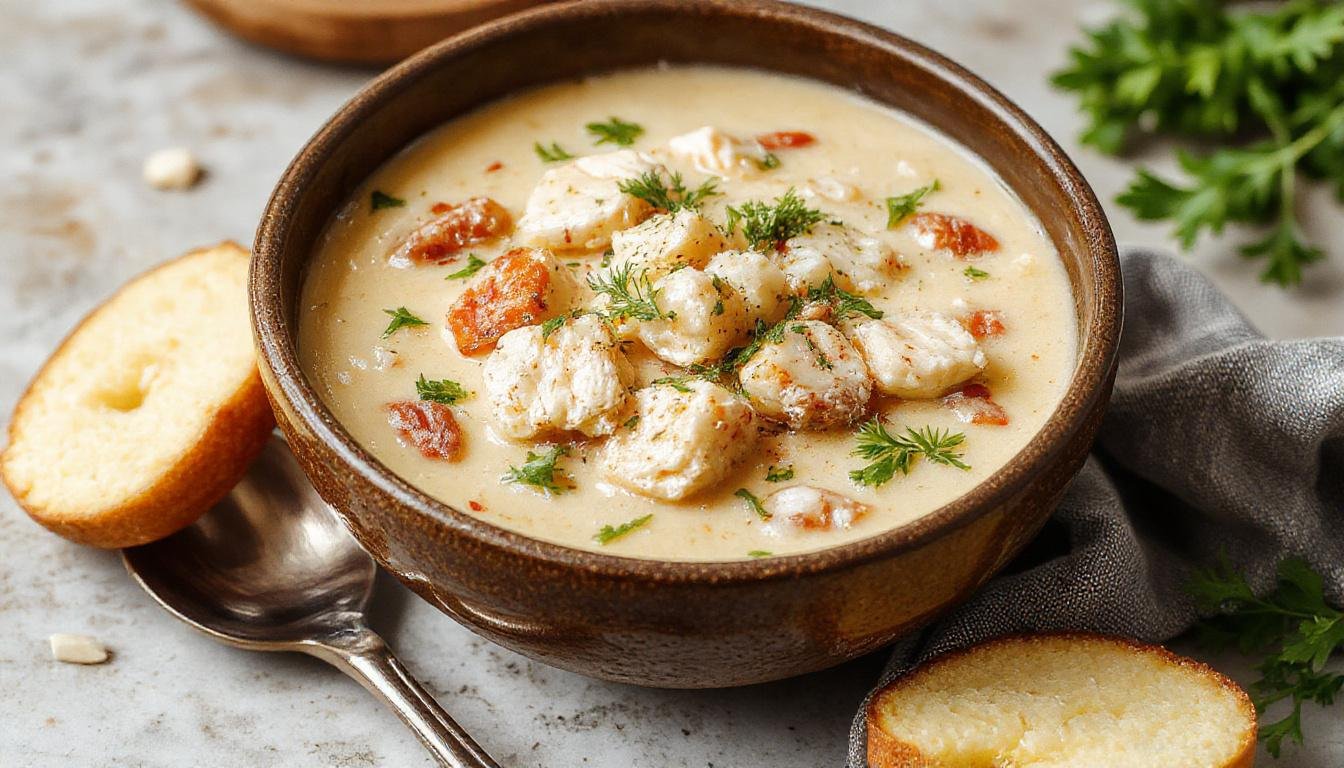 A bowl of creamy chicken and wild rice soup sits on a rustic wooden table. The soup has a thick, velvety texture with visible chunks of tender chicken, dark wild rice, and diced vegetables. Garnished with fresh herbs, the soup is surrounded by a spoon and a piece of crusty bread, creating an inviting, homestyle presentation.