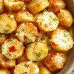 A bowl of creamy garlic baby potatoes garnished with fresh herbs on a rustic wooden table.