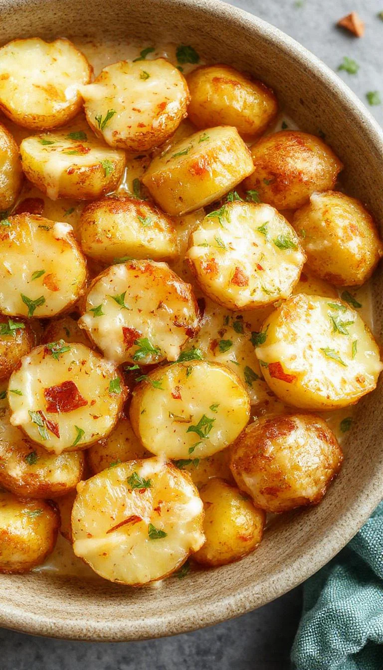 A bowl of creamy garlic baby potatoes garnished with fresh herbs on a rustic wooden table.