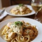 A plated dish of creamy garlic parmesan chicken pasta garnished with herbs, presented on a white plate in a cozy home setting with warm lighting and wooden table background.