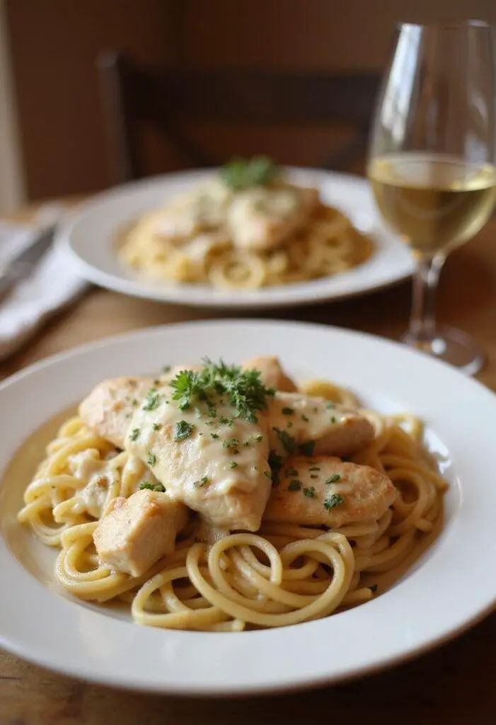 A plated dish of creamy garlic parmesan chicken pasta garnished with herbs, presented on a white plate in a cozy home setting with warm lighting and wooden table background.