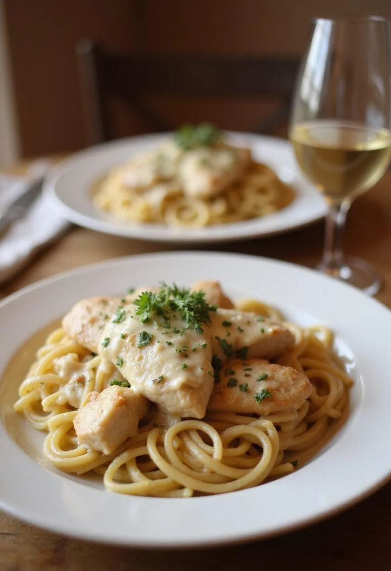 A plated dish of creamy garlic parmesan chicken pasta garnished with herbs, presented on a white plate in a cozy home setting with warm lighting and wooden table background.