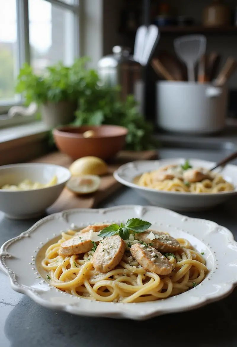 A plated creamy garlic parmesan chicken pasta with herbs, displayed on a kitchen counter with ingredients and utensils in the background, emphasizing a home cooking setting.