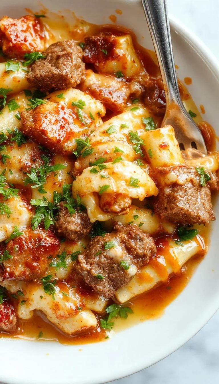 A creamy honey buffalo steak pasta bake topped with melted cheese and garnished with fresh herbs on a baking dish