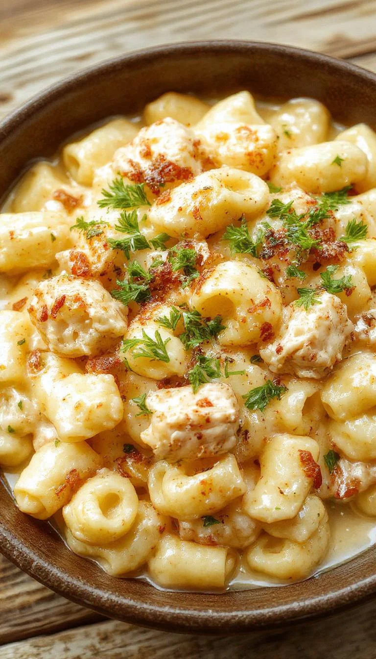 A bowl of Creamy Honey Pepper Chicken Mac & Cheese Delight featuring tender chicken pieces, creamy cheese sauce, and a drizzle of honey topped with black pepper.