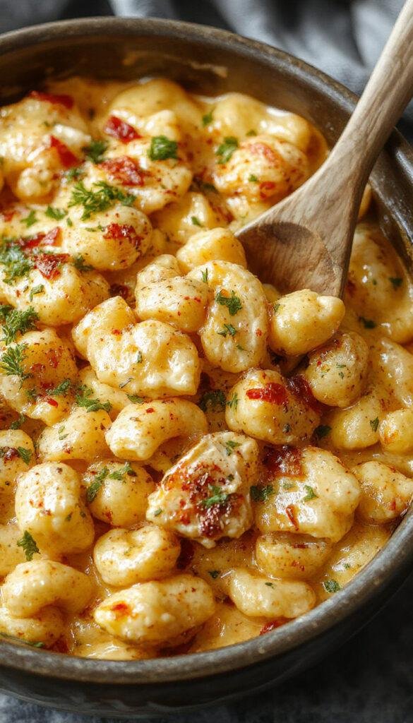 A creamy bowl of Honey Pepper Chicken Mac and Cheese topped with fresh herbs and black pepper, served with a side of garlic bread.