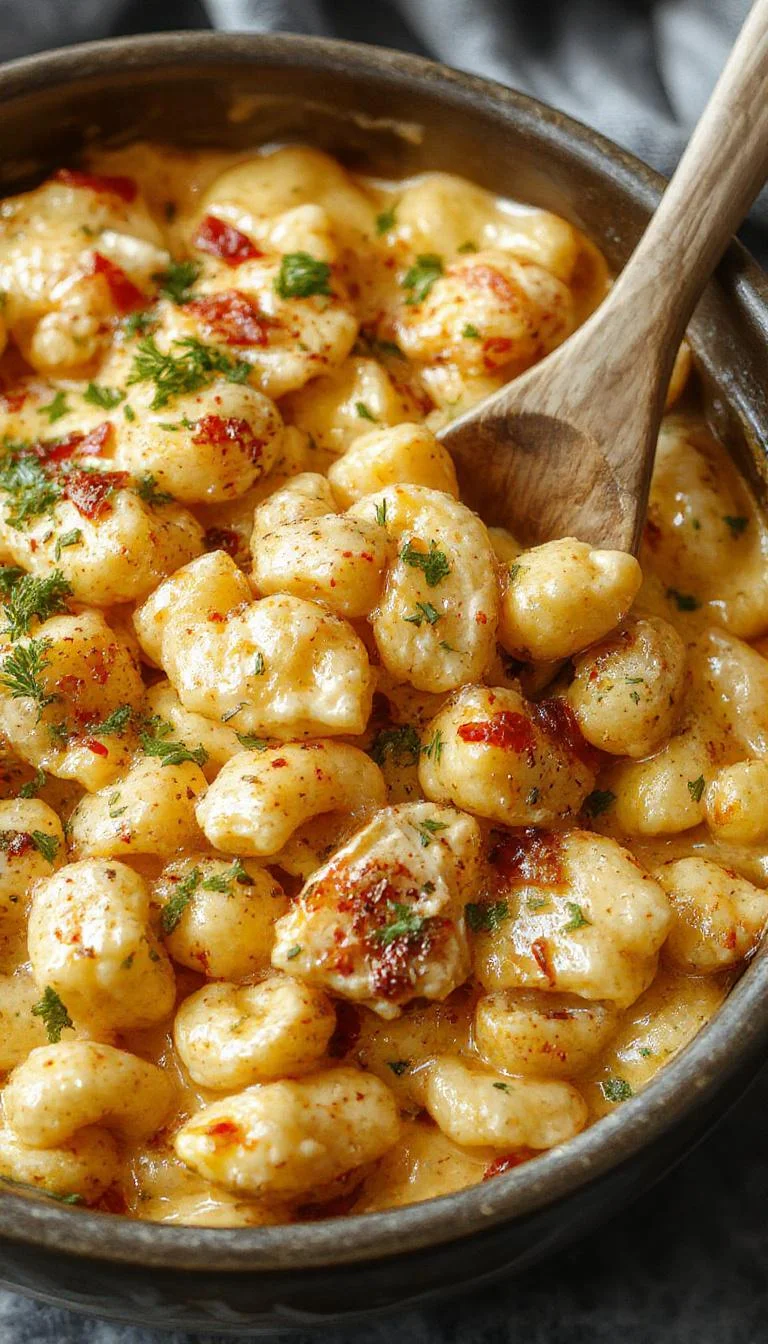 A creamy bowl of Honey Pepper Chicken Mac and Cheese topped with fresh herbs and black pepper, served with a side of garlic bread.