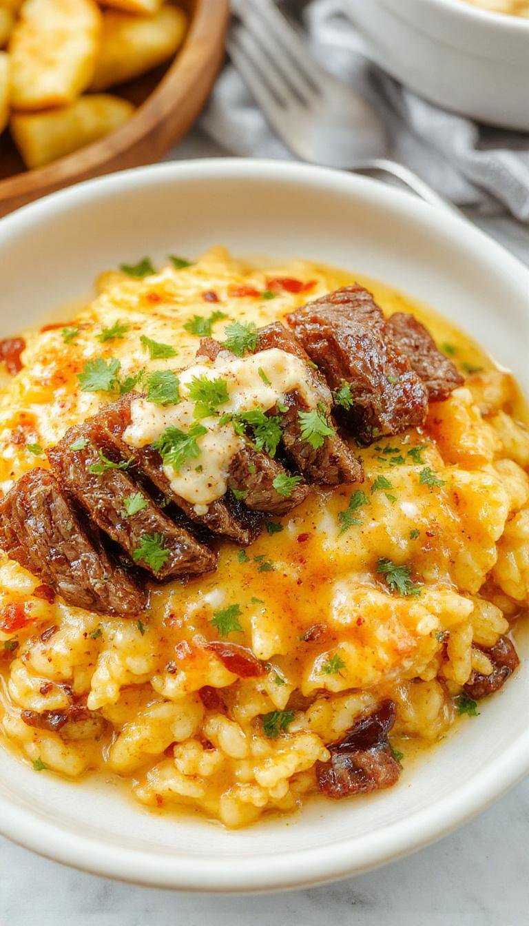 A bowl of creamy queso rice topped with tender grilled steak strips and fresh herbs, garnished with lime wedges and cilantro.