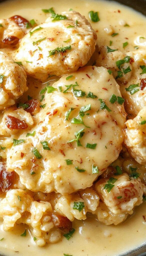 A plate of creamy smothered chicken served over fluffy rice, garnished with fresh herbs and drizzled with rich sauce.