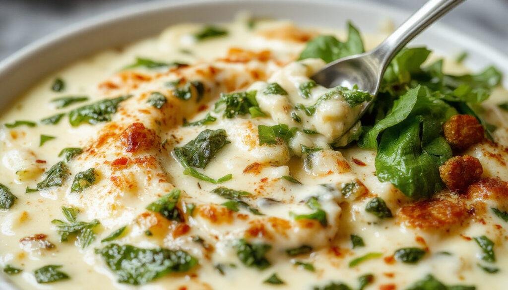 A creamy, bubbling spinach artichoke dip served in a white ceramic bowl, garnished with chopped herbs and accompanied by toasted baguette slices, with a golden-brown crust on top and vibrant green spinach and tender artichoke pieces visible.