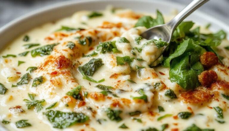 A creamy, bubbling spinach artichoke dip served in a white ceramic bowl, garnished with chopped herbs and accompanied by toasted baguette slices, with a golden-brown crust on top and vibrant green spinach and tender artichoke pieces visible.