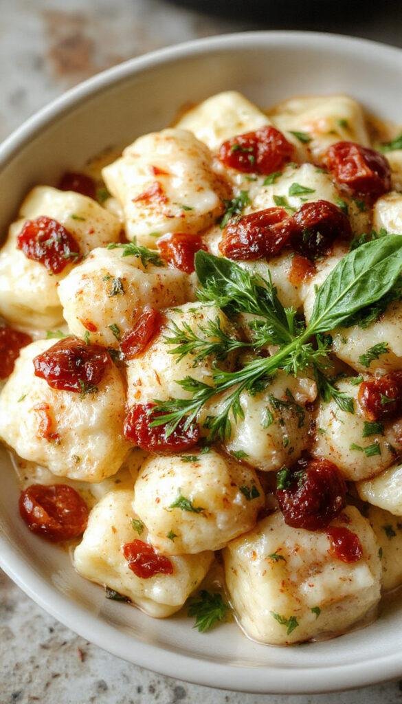 A close-up of creamy sundried tomato 'Marry Me' gnocchi served on a rustic plate, garnished with fresh basil and grated cheese.