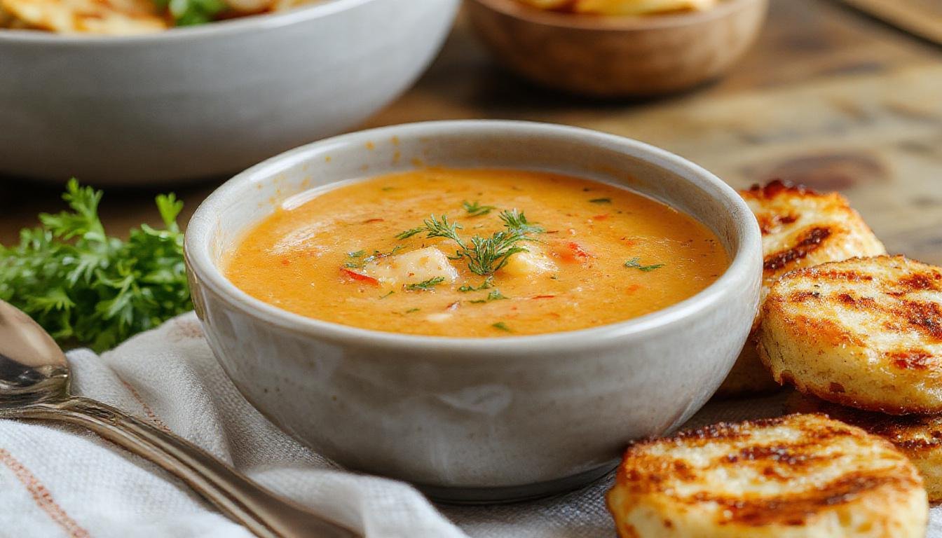 A bowl of vibrant red creamy tomato soup garnished with fresh basil leaves and accompanied by crispy grilled cheese croutons, served on a rustic wooden table with a spoon resting beside the bowl.