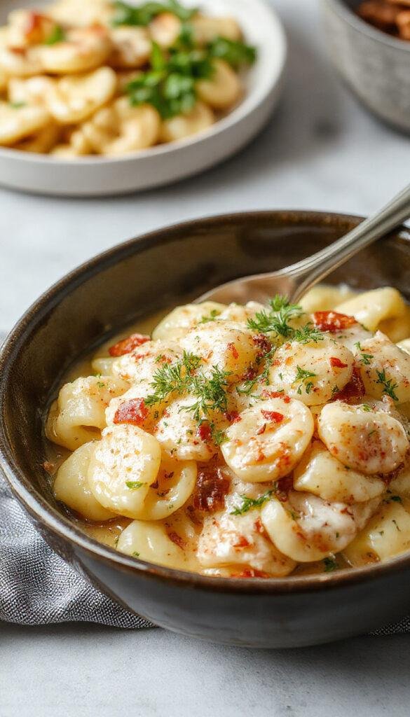 A bowl of creamy tortellini carbonara garnished with fresh herbs, showcasing rich sauce and perfectly cooked tortellini pasta.