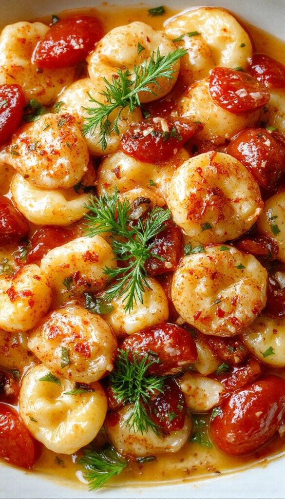 A plate of creamy tortellini pasta garnished with fresh cherry tomatoes and basil leaves on a rustic wooden table.