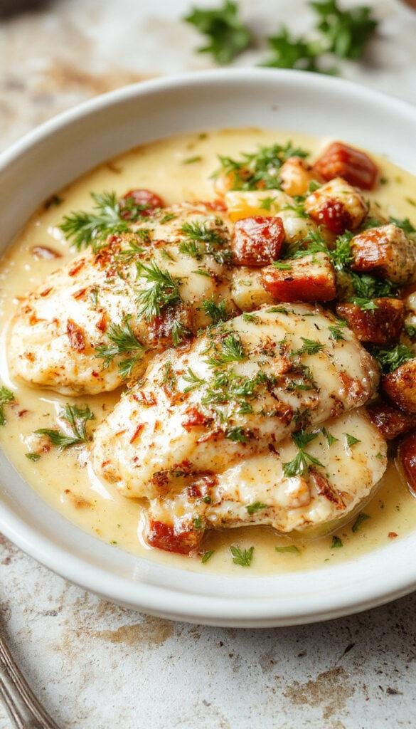 A close-up of creamy Tuscan chicken served on a white plate. The chicken breasts are golden-brown with a rich, creamy sauce dotted with sun-dried tomatoes, spinach, and garlic. Garnished with fresh basil, the dish is presented with a rustic wooden backdrop and a sprig of herbs for decoration.
