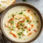 A steaming bowl of creamy white chicken lasagna soup garnished with fresh herbs and melted cheese, showcasing layers of tender chicken, pasta, and rich broth.