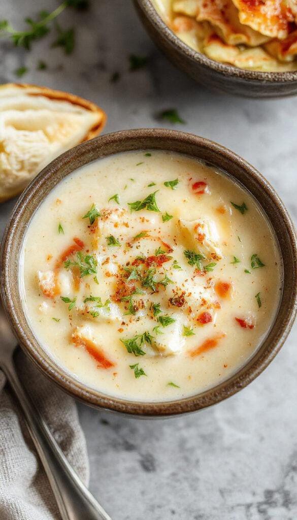 A steaming bowl of creamy white chicken lasagna soup garnished with fresh herbs and melted cheese, showcasing layers of tender chicken, pasta, and rich broth.
