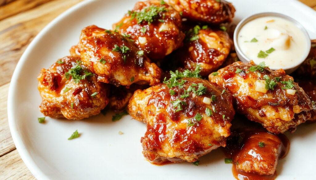 A vibrant plate of crispy air fryer chicken wings glazed with three different sauces, arranged neatly on a white platter with fresh herbs and dipping sauces around them. The golden-brown wings have a textured, crispy surface, contrasting with the glossy sheen of the sauces, including one with a spicy red hue, another with a tangy orange, and a third with a rich brown color. The presentation is inviting, ideal for a game day snack, set against a rustic wooden table with a casual, festive ambiance.