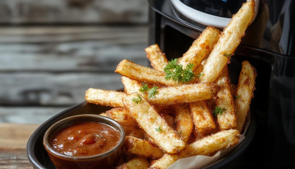 Golden crispy French fries arranged neatly on a white plate with a small bowl of ketchup beside them. The fries have a textured, golden-brown exterior with some slight seasoning visible. The background is a rustic wooden surface, and fresh potatoes are faintly visible in the background.