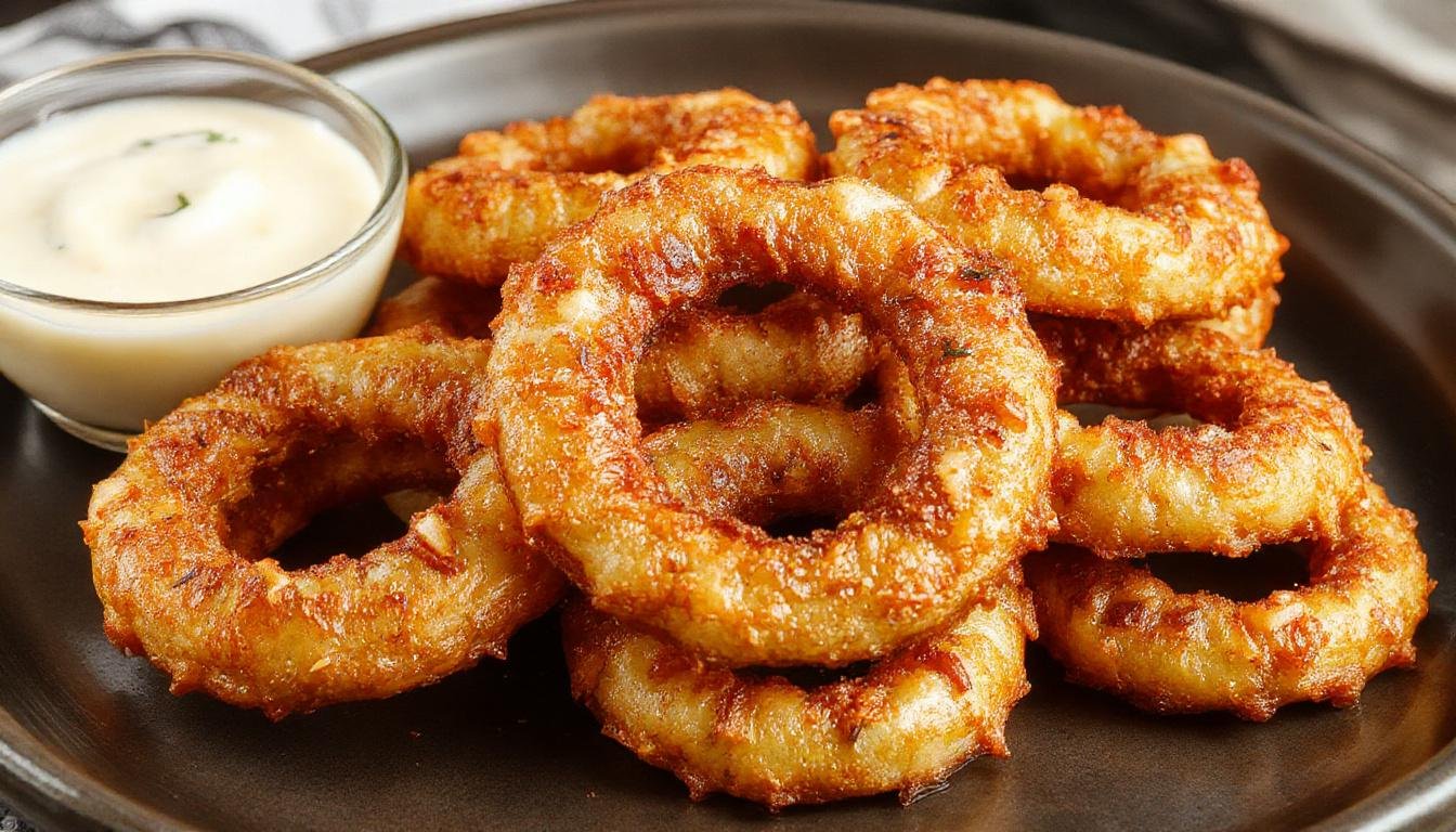 Golden-brown crispy onion rings arranged neatly on a white plate, with a side of dipping sauce. The rings have a crunchy coating with visible onion layers inside, garnished with a sprinkle of herbs.