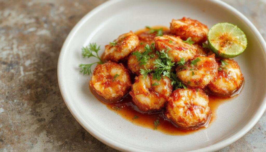 Golden-brown crispy coconut shrimp arranged on a white plate, drizzled with glossy sweet chili sauce. The shrimp are coated with toasted coconut flakes, creating a textured, inviting appearance. Fresh cilantro garnish adds a touch of green, contrasting with the vibrant orange-red chili sauce in the background.