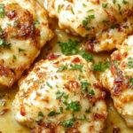 Golden crispy parmesan chicken served with a rich garlic sauce on a white plate with fresh herbs.