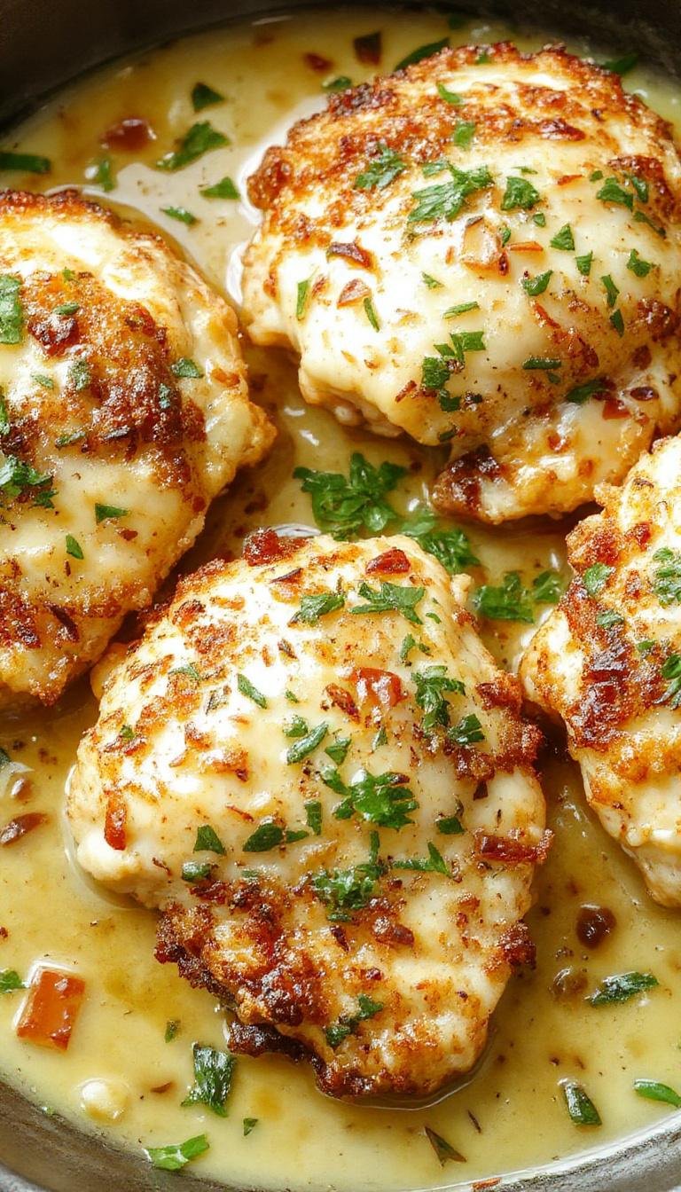 Golden crispy parmesan chicken served with a rich garlic sauce on a white plate with fresh herbs.