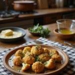 A close-up of crispy Parmesan roasted cauliflower served on a rustic wooden plate in a cozy kitchen setting, garnished with herbs and olive oil, with warm ambient lighting.
