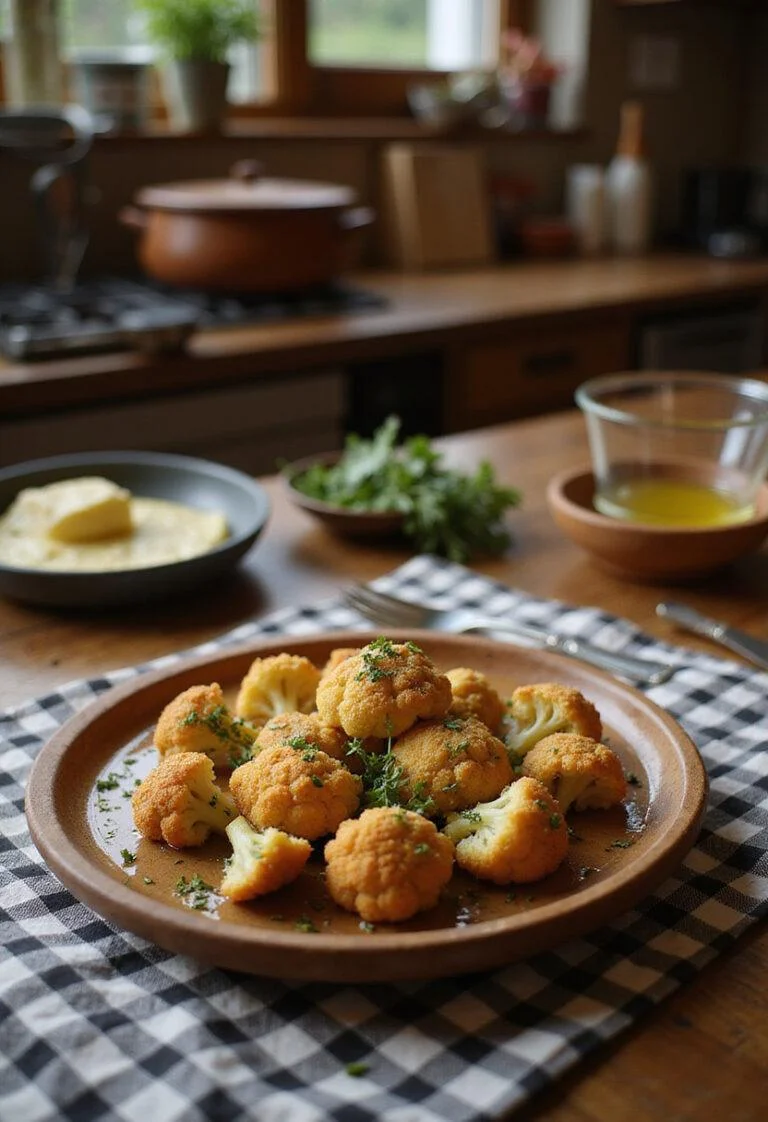 A close-up of crispy Parmesan roasted cauliflower served on a rustic wooden plate in a cozy kitchen setting, garnished with herbs and olive oil, with warm ambient lighting.