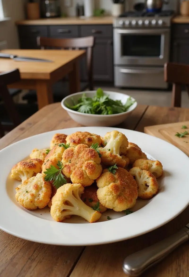 A close-up of crispy Parmesan roasted cauliflower on a white plate in a home kitchen, with a cozy atmosphere, herbs, and kitchen utensils around the dish.