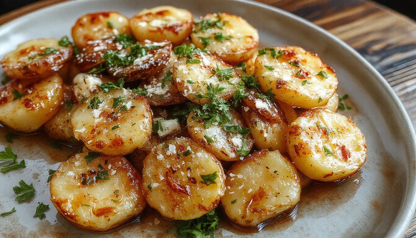 A close-up of golden-brown crispy smashed potatoes garnished with finely chopped parsley and grated Parmesan cheese, served on a rustic white plate with a sprinkle of garlic bits visible on the surface