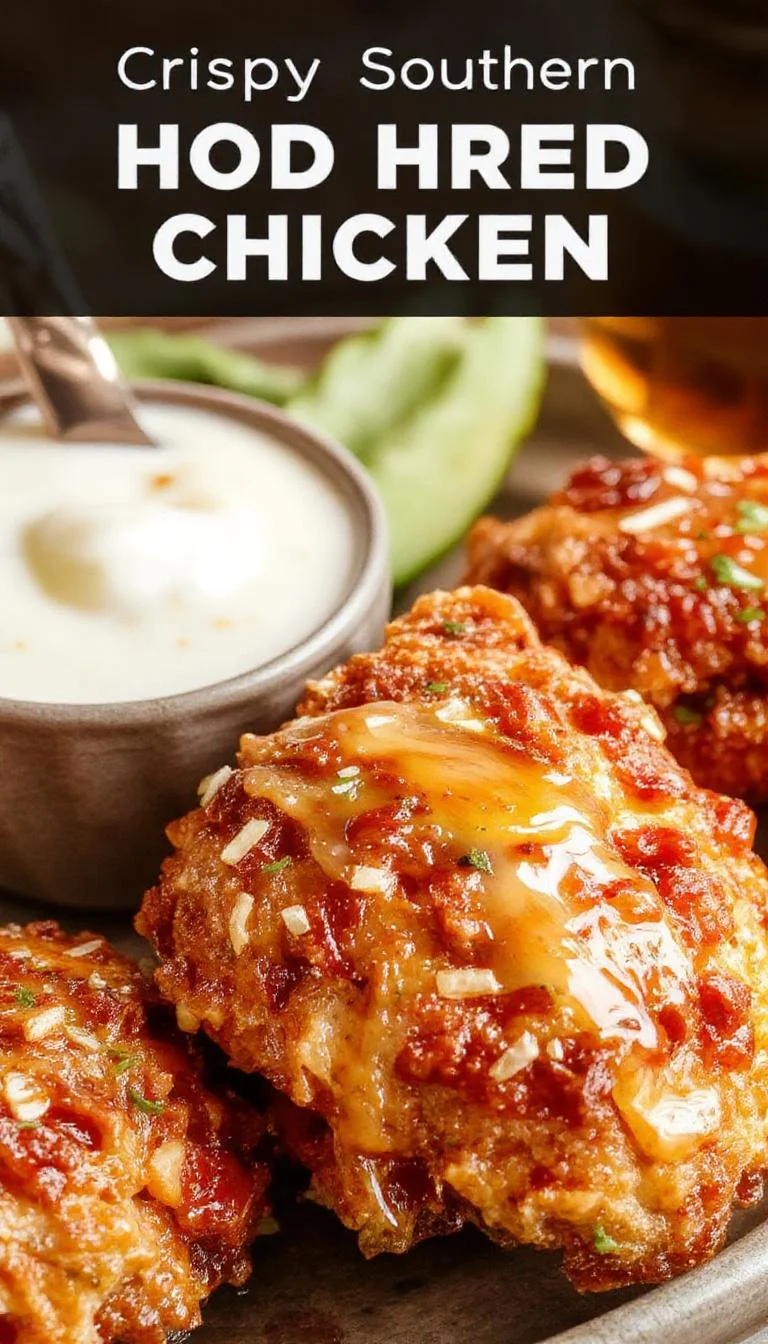 A plate of crispy Southern hot honey fried chicken served with a side of coleslaw and pickles, showcasing golden-brown, crunchy chicken drizzled with honey and hot sauce.