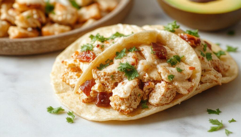 A close-up of soft corn tortillas filled with shredded slow-cooked chicken, vibrant diced tomatoes, fresh cilantro, and melted cheese, arranged beautifully on a rustic ceramic plate with lime wedges and a side of colorful salsa.