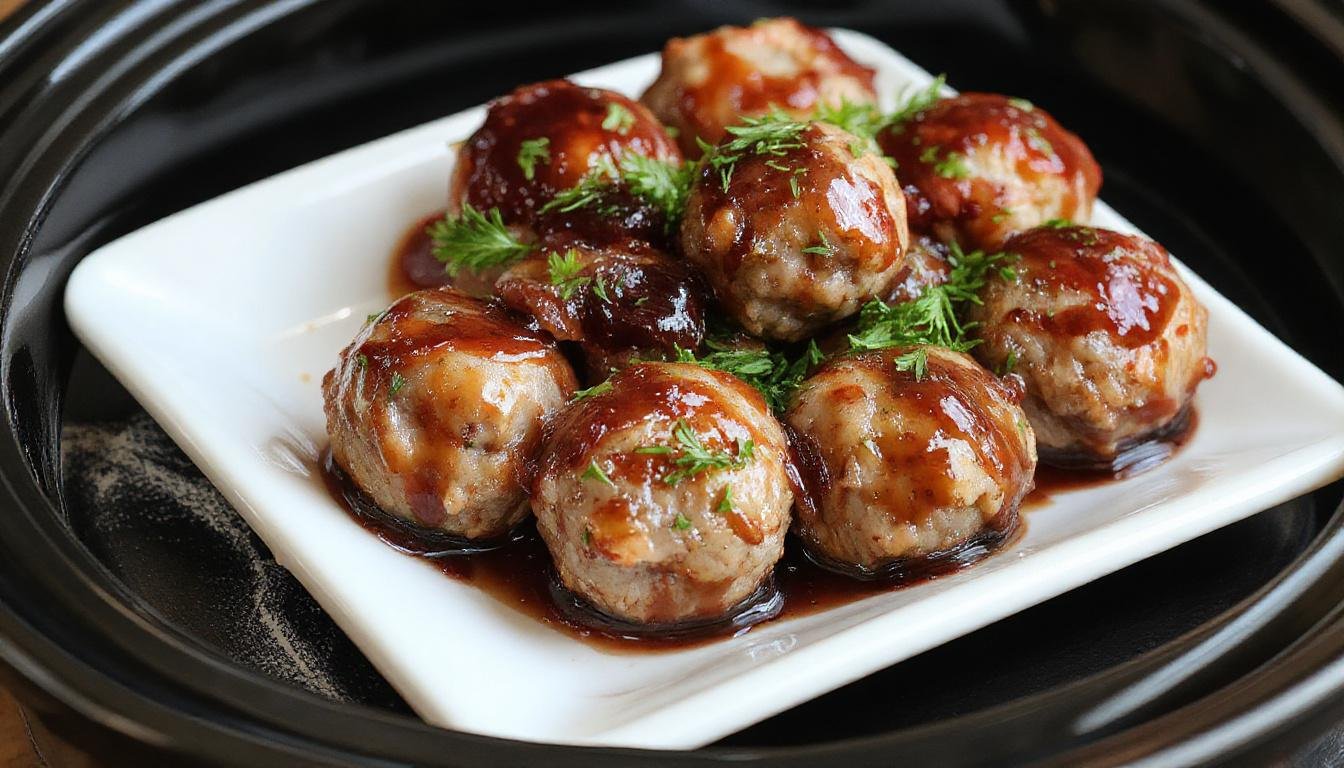 Plate of golden-brown meatballs glazed with shiny grape jelly sauce, arranged neatly on a white serving dish; the sauce gives them a glossy appearance, with a few herbs sprinkled on top. The background shows a warm, inviting table setting with dipping sauces and garnishes.
