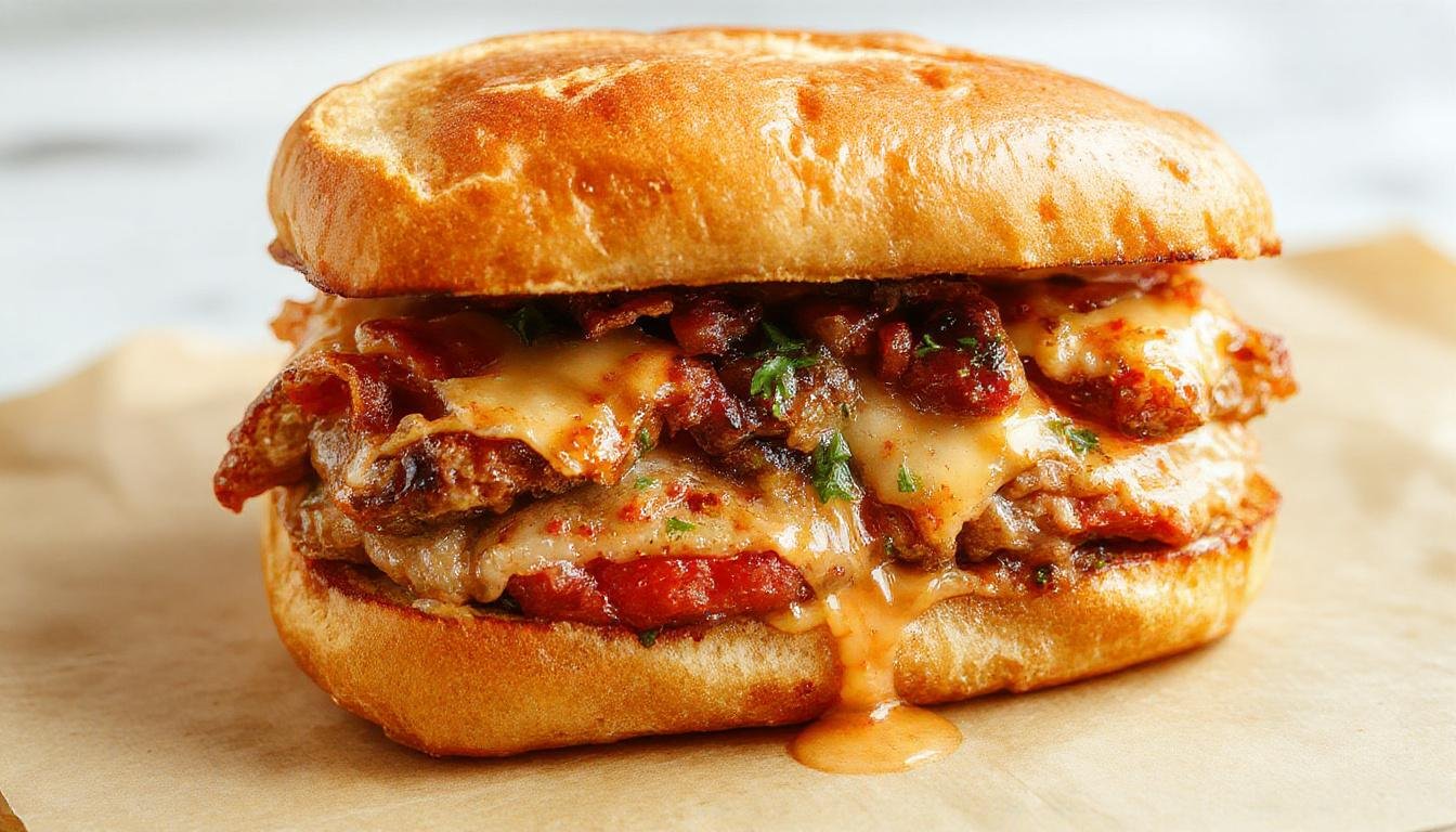 A close-up of a freshly pressed Cuban sandwich showcasing golden toasted baguette slices filled with thinly sliced roasted pork, melted yellow cheese, green dill pickles, and ham, with visible grill marks highlighting its pressed texture. The sandwich is sliced diagonally, revealing the colorful layers inside, and placed on a rustic wooden board.