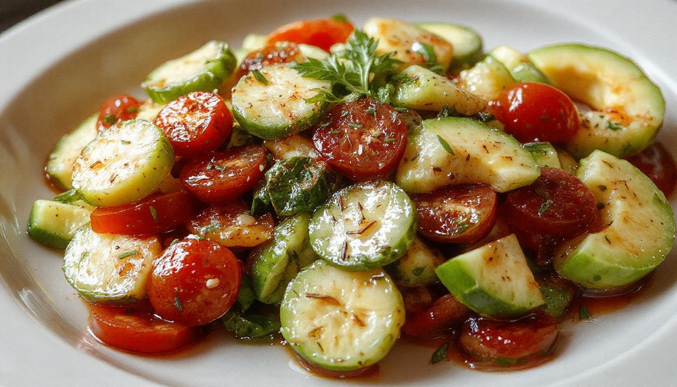 A vibrant bowl of cucumber tomato avocado salad featuring sliced cucumbers, ripe cherry tomatoes, and creamy avocado chunks, garnished with fresh herbs, arranged in a rustic white ceramic bowl on a wooden table.