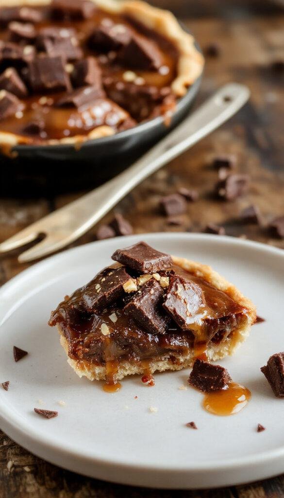 A decadent salted caramel chocolate tart with a glossy chocolate ganache topping, sprinkled with sea salt and garnished with caramel drizzle.