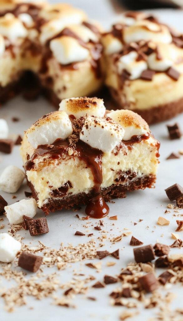 A slice of Decadent S’mores Cheesecake topped with toasted marshmallows, graham cracker crust, and drizzled chocolate, set on a rustic wooden table.