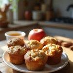 Realistic image of delicious apple cinnamon Greek yogurt muffins on a rustic table, showing their golden-brown surface with apple chunks and cinnamon, presented with a small side dish, in a cozy home setting with natural light.