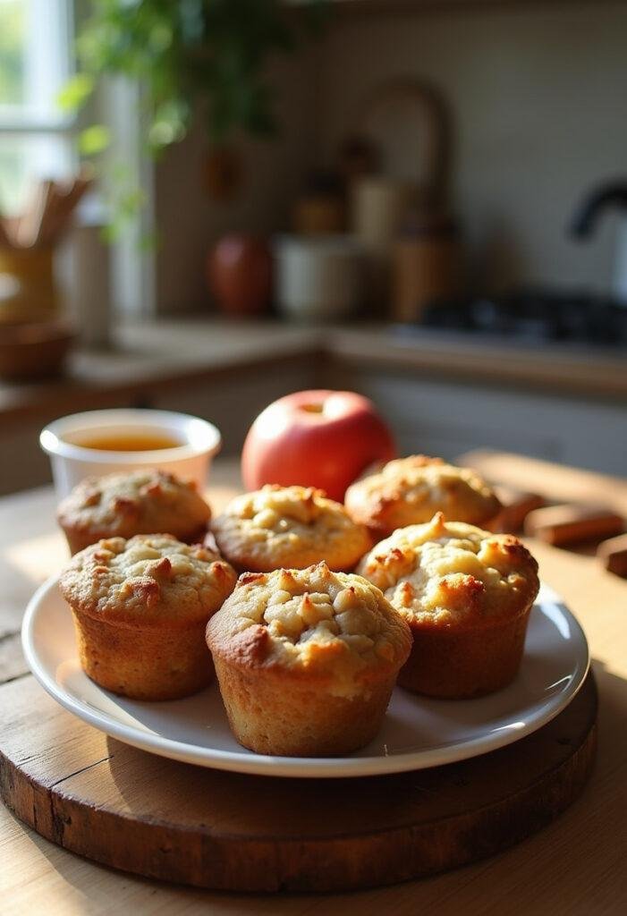 Realistic image of delicious apple cinnamon Greek yogurt muffins on a rustic table, showing their golden-brown surface with apple chunks and cinnamon, presented with a small side dish, in a cozy home setting with natural light.