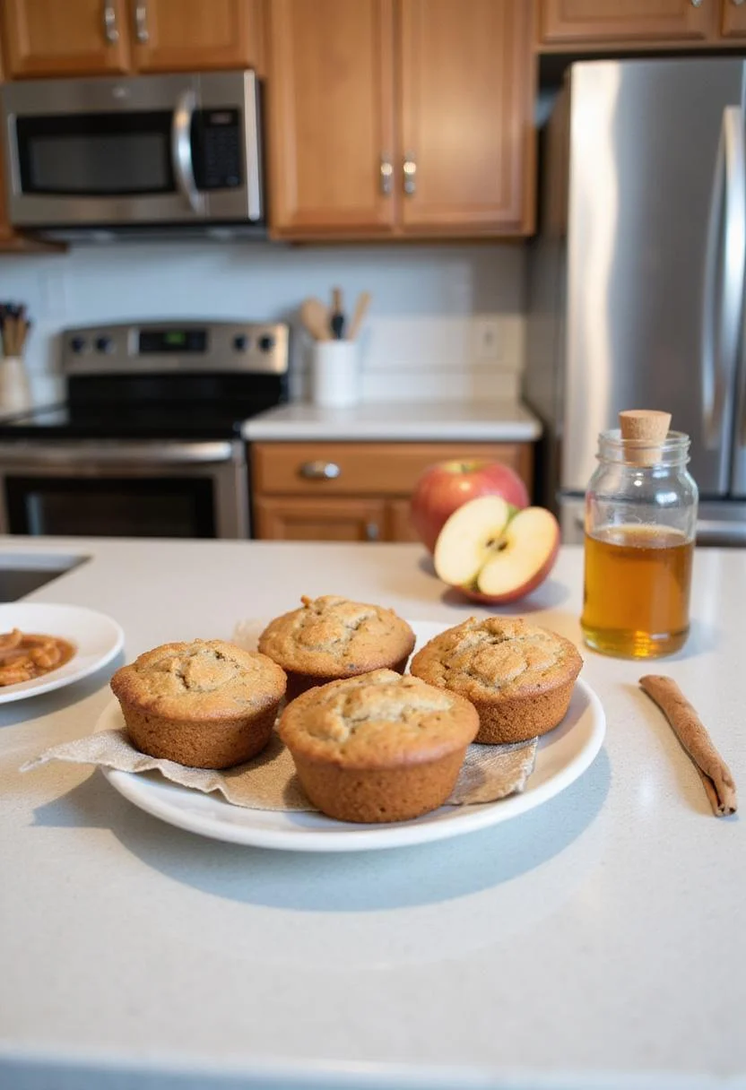 Realistic image of apple cinnamon Greek yogurt muffins on a kitchen countertop, displayed with honey, cinnamon, and sliced apple in a modern kitchen setting with appliances and cabinets, showcasing a fresh and appetizing look.