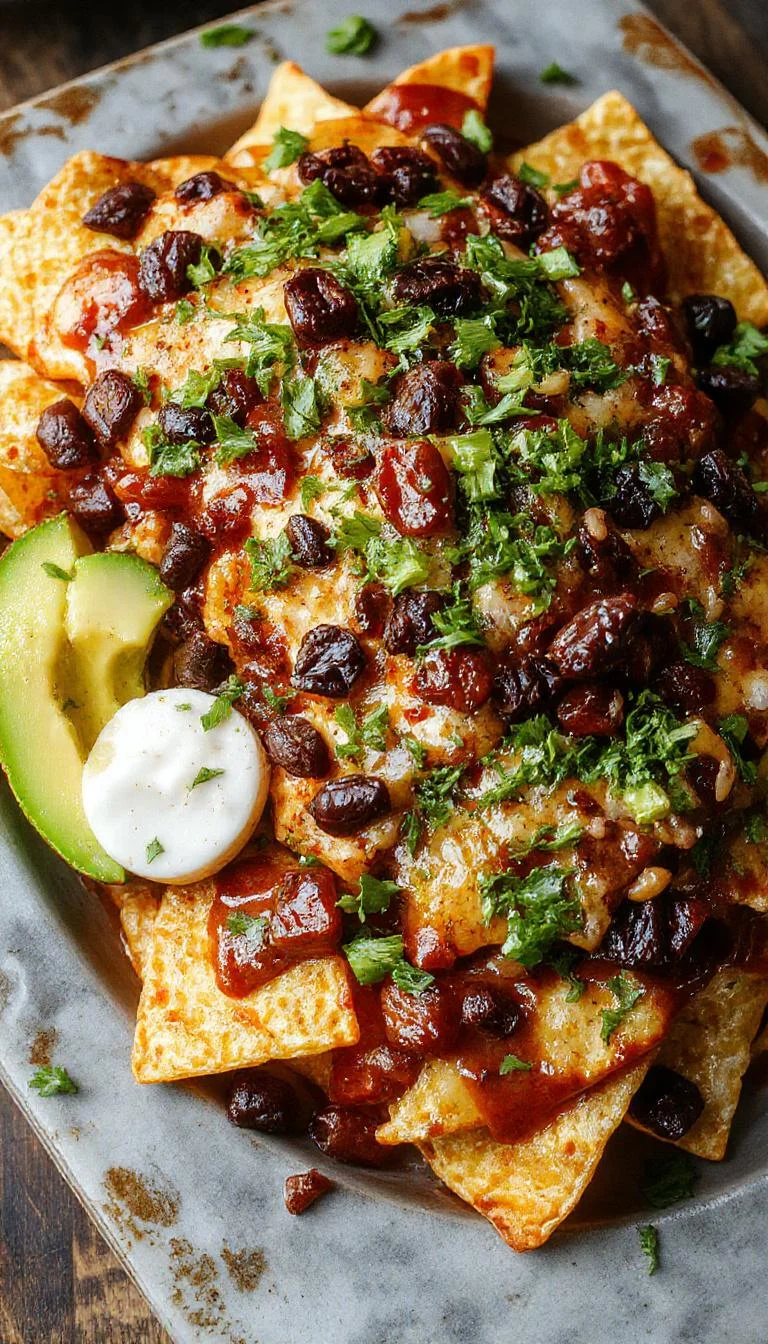 A plate of Dumpster Fire Nachos featuring loaded tortilla chips topped with melted cheese, jalapeños, sour cream, and spicy salsa, all arranged for a fiery look.