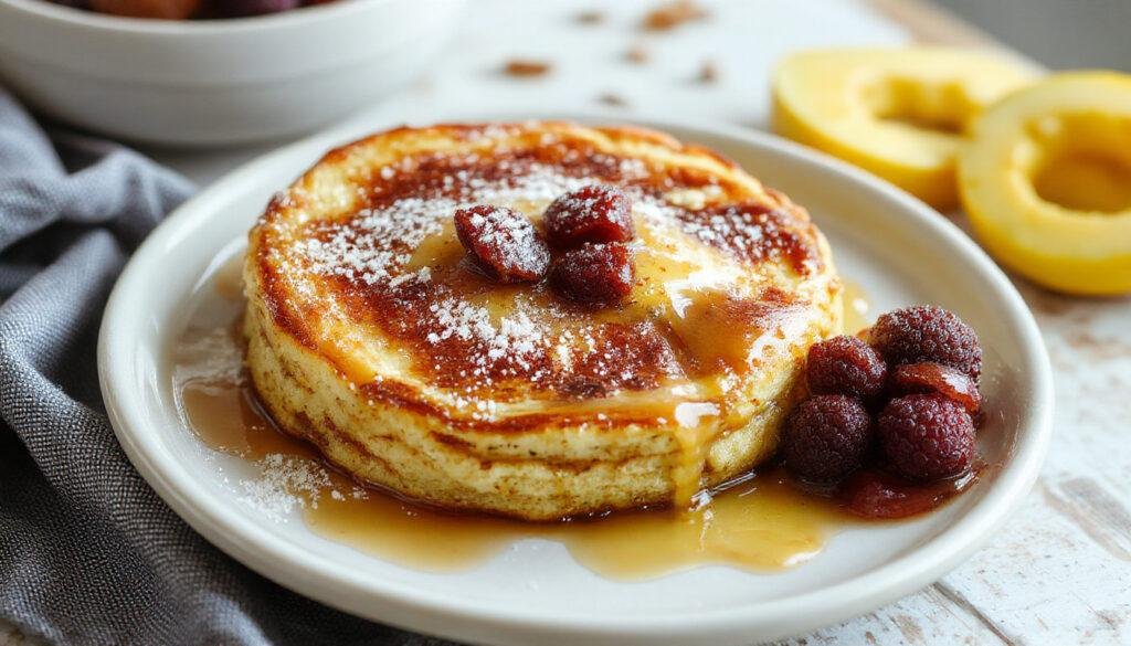 A fluffy, golden Dutch Baby Pancake in a white ceramic skillet, puffed up with a slightly crispy edge and a soft, airy center, topped with fresh berries and a dusting of powdered sugar, served on a rustic wooden table.