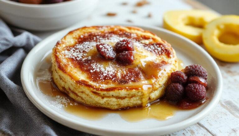 A fluffy, golden Dutch Baby Pancake in a white ceramic skillet, puffed up with a slightly crispy edge and a soft, airy center, topped with fresh berries and a dusting of powdered sugar, served on a rustic wooden table.
