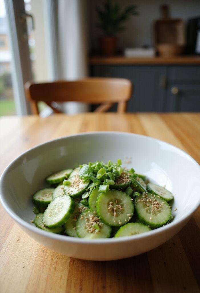 A realistic image of an Asian cucumber salad in a white bowl on a cozy wooden table, featuring fresh sliced cucumbers, sesame seeds, and herbs, in a warm home setting.