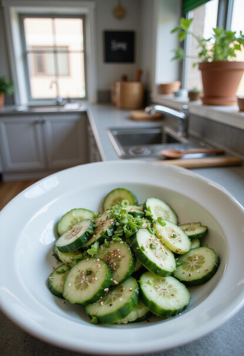 A realistic image of an Asian cucumber salad on a white dish in a kitchen setting, with sliced cucumbers, sesame seeds, and herbs, shown on a modern kitchen counter.