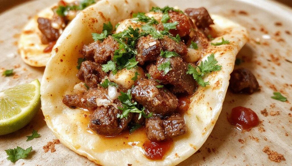 A close-up of three beef tacos arranged on a white plate. Each taco is filled with seasoned ground beef, shredded lettuce, chopped tomatoes, and grated cheese, wrapped in crispy corn tortillas. The vibrant colors of fresh ingredients and the textured beef create an appetizing and inviting look.